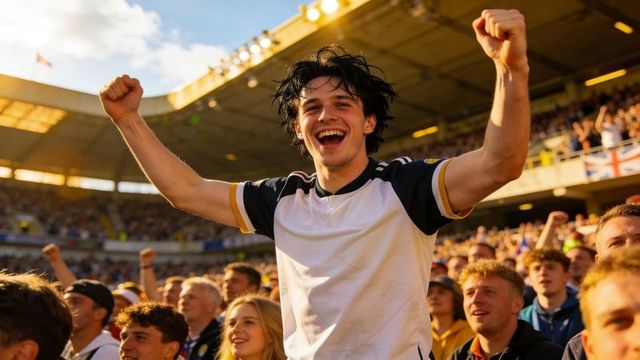 Young male fan raising fists and smiling, cheering in sunlit stadium crowd at golden hour
