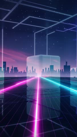 Gliding through neon grid toward glowing cuboid in cyberpunk cityscape vertical video