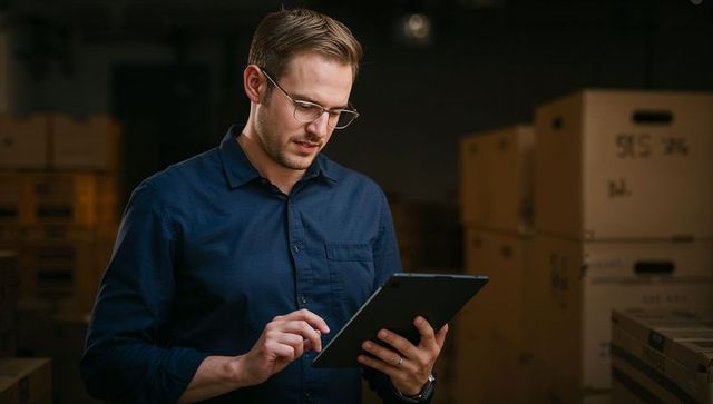 Warehouse worker checking inventory on tablet amid stacked boxes and pallets for logistics