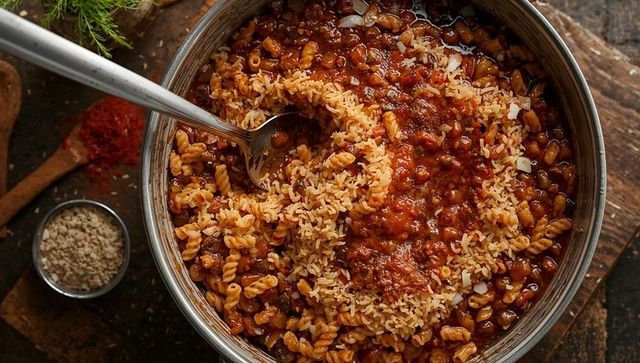 Scooping fusilli with tomato-bean ragu and rice topping in rustic metal bowl