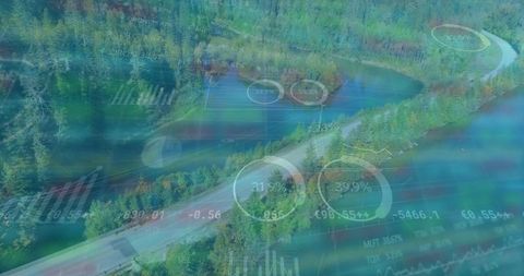 Digital Data Overlays on Serene Forest and Winding Road