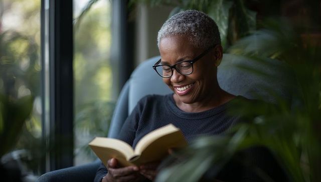 Senior black woman reading paperback in cozy armchair by window with plants, smiling