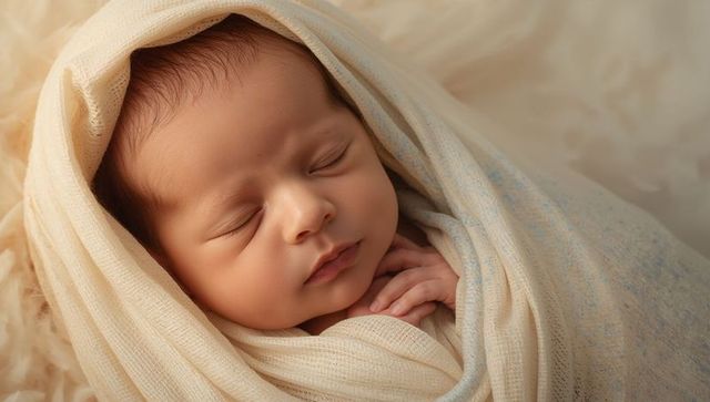 Peaceful sleeping newborn snug in soft cream blanket
