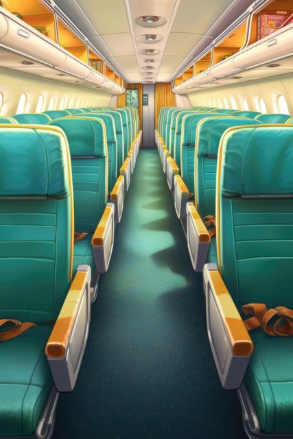 Empty aircraft cabin featuring rows of teal seats with golden accents and overhead bins. Ideal for illustrating themes of air travel, passenger experience, transportation industry, and airline services. Useful for travel blogs, airline promotional materials, aviation articles, and transportation websites.