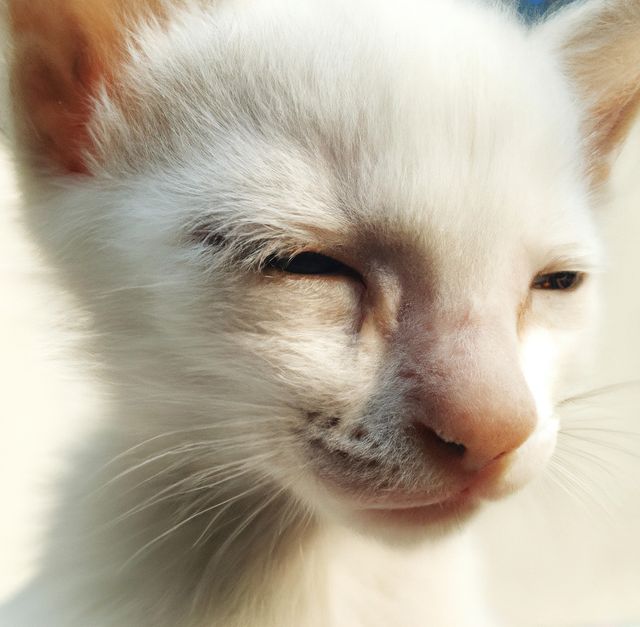 Close-up of a white kitten with squinting eyes, enjoying the sunlight. Perfect for use in pet-care blogs, animal welfare websites, and for promoting adoption of pets. The intimate and heartwarming composition makes it suitable for greeting cards and social media promotions.