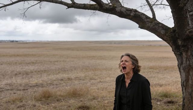 Middle-aged woman shouting under bare tree in vast barren field with overcast sky
