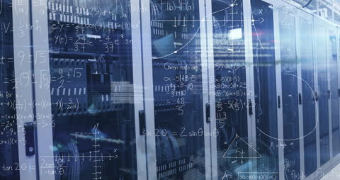Mathematical Overlay on Server Room with Digital Data Concept
