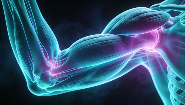 Translucent upper arm flexing elbow highlighting glowing tendons neon cyan magenta anatomy
