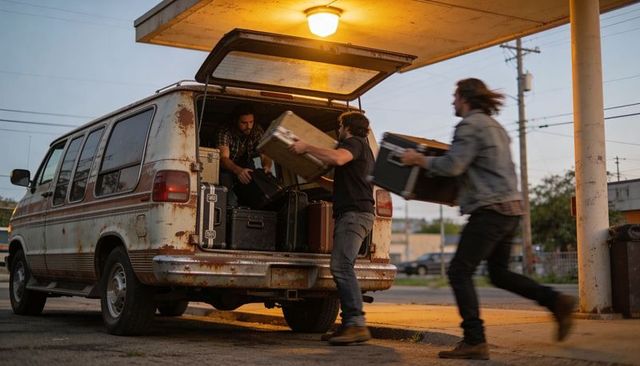 Touring band crew loading heavy flight cases into rusted van under canopy at dusk