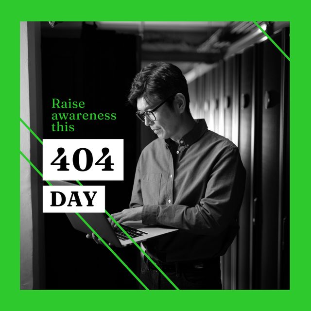 Portrait of an Asian businessman working on a laptop in a server room, emphasizing 404 Day awareness. Ideal for campaigns or articles focused on technology and cybersecurity awareness, promoting digital knowledge, or highlighting server management professionals.