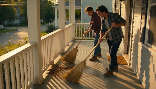 Two men sweeping sunlit front porch together during golden hour