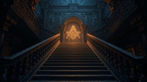 Glowing masonic symbol illuminates grand stone staircase