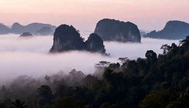 Mist-shrouded limestone karst towers rising through tropical valley fog at sunrise