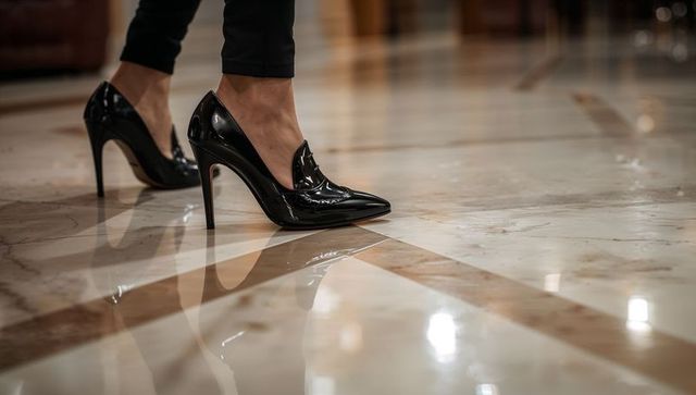 Patent leather stiletto pumps reflecting on polished marble lobby floor luxury fashion