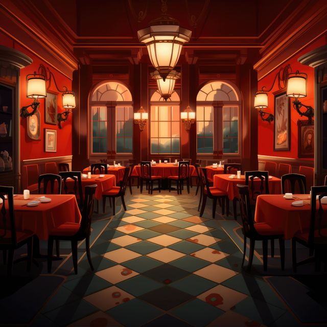 An elegant, empty restaurant with rich red interior decor showcases a warm, inviting ambiance. Ideal for use in content related to fine dining, restaurant promotions, interior design inspiration, luxury dining experiences, or hospitality industry advertisements.