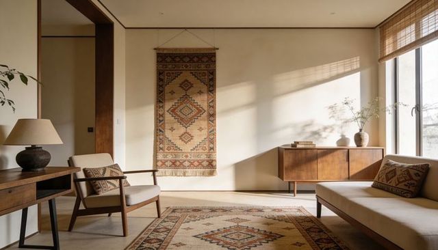 Sunlit midcentury living room showcasing wall-hanging tribal tapestry, natural wood decor