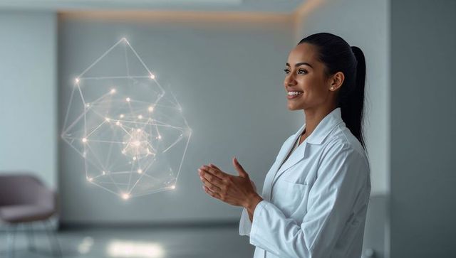 Researcher interacting with glowing holographic network and geometric nodes in modern lab