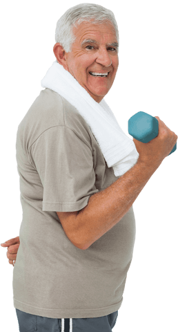Senior man exercising with dumbbell transparent background