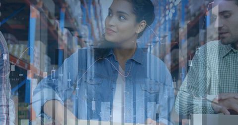 Financial Data Overlay on Warehouse Workers Concept