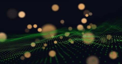 Undulating Green Point Cloud Mesh with Golden Bokeh for Futuristic Data Visualization
