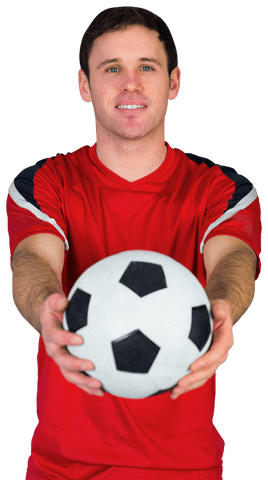 Transparent Soccer Enthusiast Holding Football Wearing Red Jersey