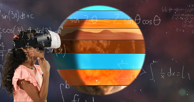 Image of mathematical equations and spinning globe floating over schoolchild wearing vr goggles and touching virtual screen. Education back to school concept digitally generated image.