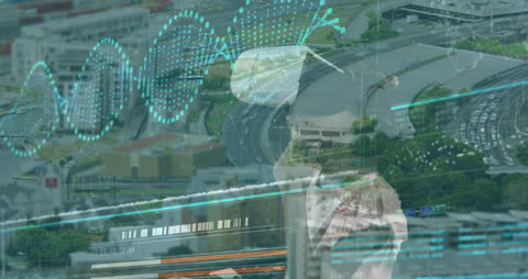 African American Woman in VR Headset with Data Overlay