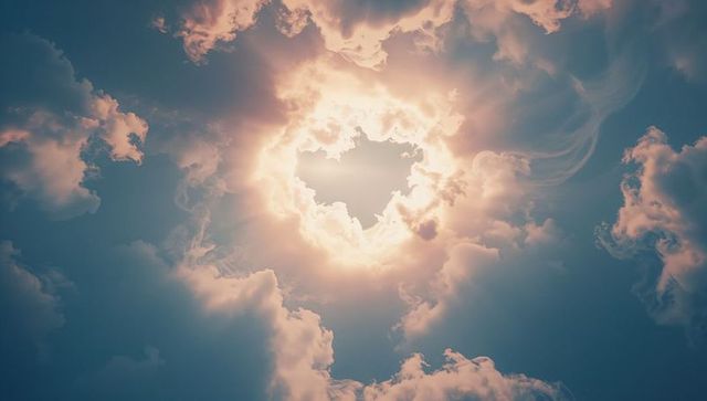 Ethereal Light Burst Breaching Cumulus Clouds in Surreal Sky