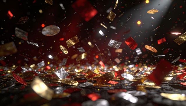 Shimmering metallic confetti falling over shiny tabletop with warm spotlight bokeh