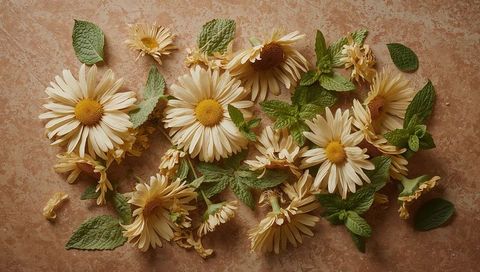 Cream Daisy and Fresh Mint Leaves Flat Lay on Warm Terracotta Rustic Botanical Background