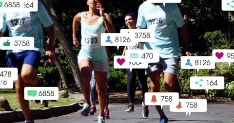 Sprinting runners with social notifications representing fitness tracking and engagement