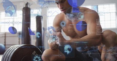 Shirtless athlete chalking hands before heavy barbell lift in gym with tech data overlay