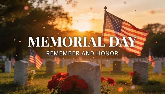 Honoring fallen heroes memorial day cemetery sunset with american flags and red flowers