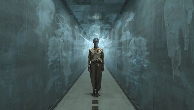 Man standing centered in immersive projection corridor with ethereal halo and silhouette