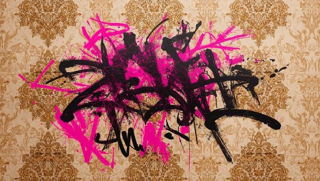 Magenta and black graffiti splash over vintage damask wallpaper with paint drips