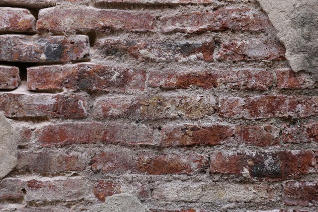 Close-up of weathered brick wall displaying dirt and cracks. Ideal for backgrounds in design, urban decay themes, or construction-related projects. Suitable for textures in digital art or as a gritty backdrop in photography.