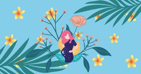 Pregnant Woman Amidst Blossoming Spring Flora Over Blue Background - Download Free Stock Images Pikwizard.com