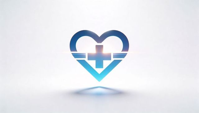 Floating blue heart logo featuring medical cross and band with cyan gradient and lens flare