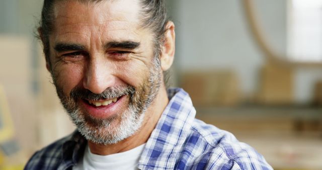 Smiling Mature Man with Plaid Shirt in Workshop - Download Free Stock Images Pikwizard.com