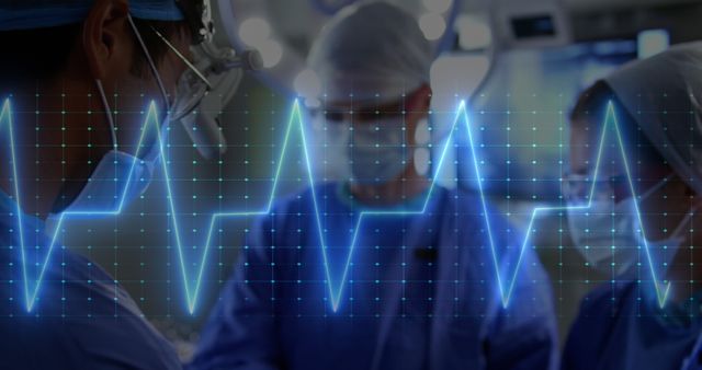 Doctors performing surgery in an operating room with a digital ECG heartbeat overlay. Ideal for use in medical articles, healthcare promotions, hospital websites, and educational materials on medical procedures, teamwork, and patient care.