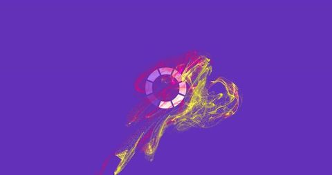 Abstract neon segmented ring with energetic particle trail on purple backdrop for tech