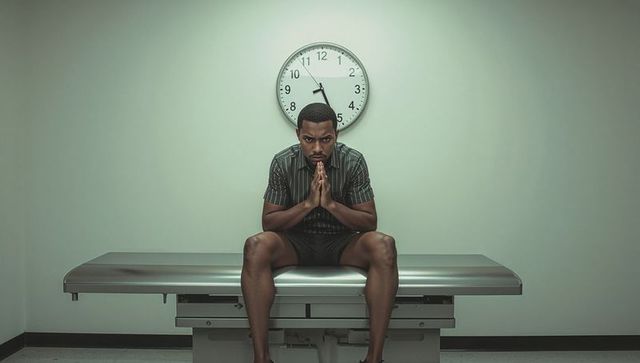 Man Sitting Thoughtfully on Examination Table in Clinical Room