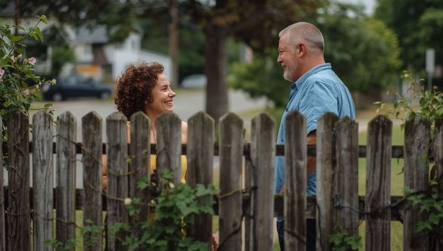 Neighbors enjoying conversation across rustic fence