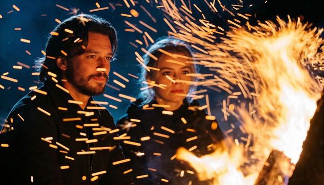 Couple watching roaring bonfire at night with flying sparks and warm glow
