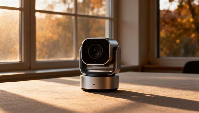 Sleek pan-tilt conference camera sitting on sunlit table casting warm golden shadows