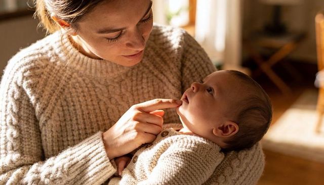 Mother cradling newborn in matching knit sweaters during sunlit bonding moment
