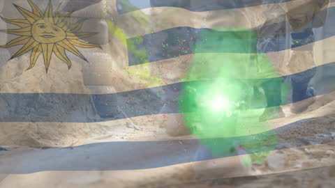 Uruguay Flag Overlay on Marching Soldiers in Blurred Desert Environment