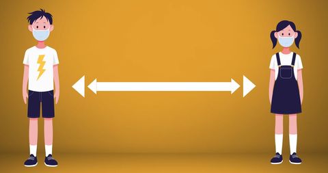 Kids maintaining social distance with masks on yellow background