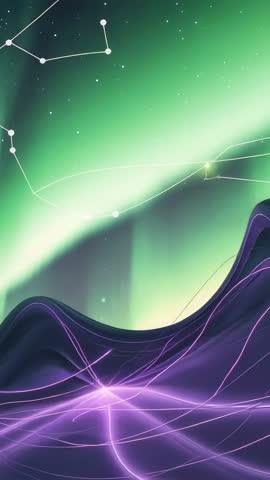 Vertical looped clip showing pulsing purple wave under shifting aurora and star lines