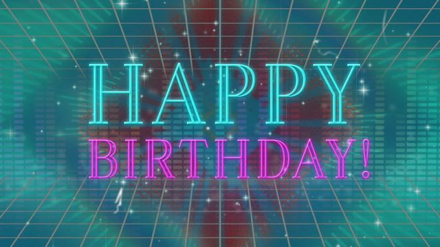 Text animation of 'Happy Birthday' with bright neon colors and sparkling stars against geometric patterns. Ideal for creating festive birthday messages, social media posts, or digital invitations celebrating one's birthday.